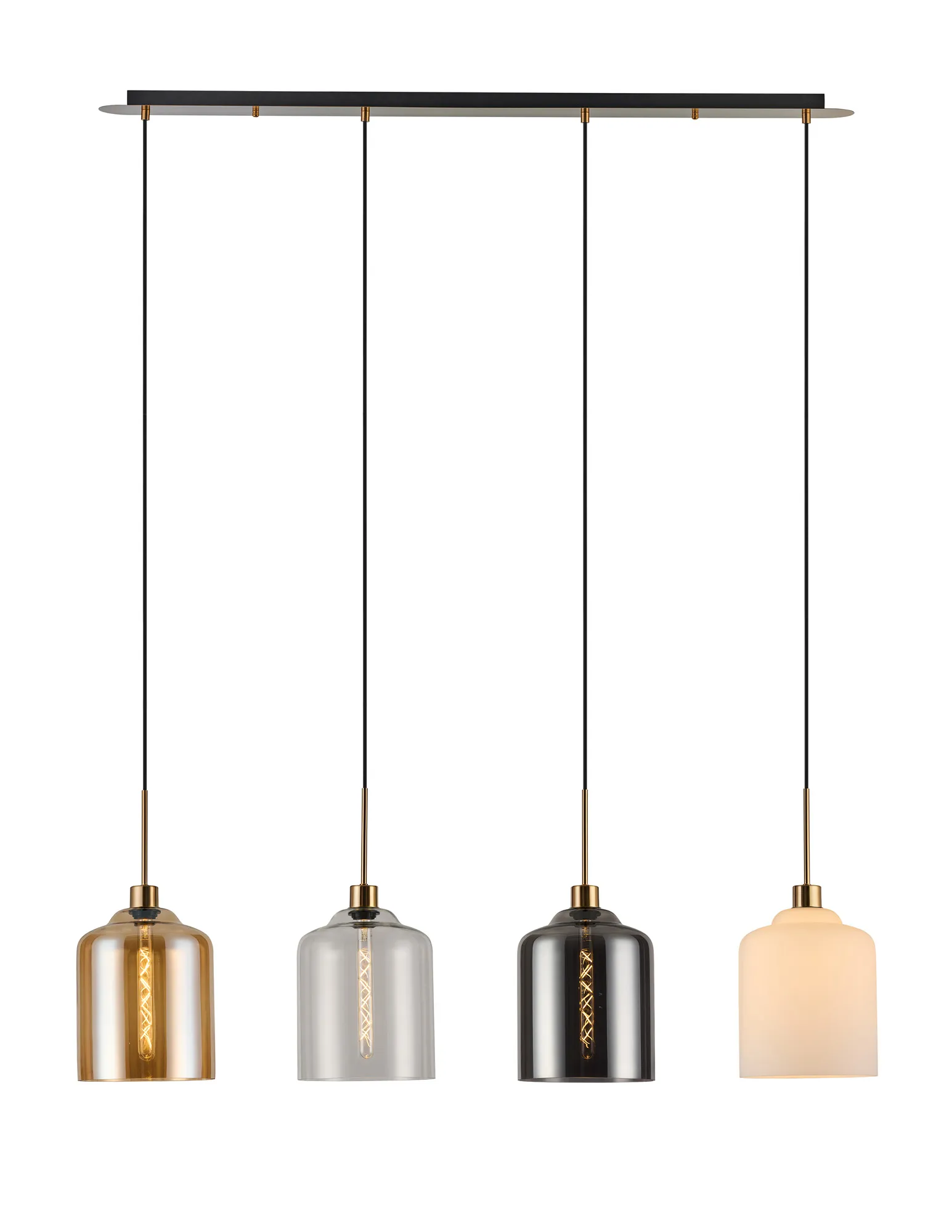 DK1232  Lori Linear Pendant, 4 Light Adjustable E27, Antique Gold/Amber/Clear/Opal/Smoke Conical Cylinder Shades